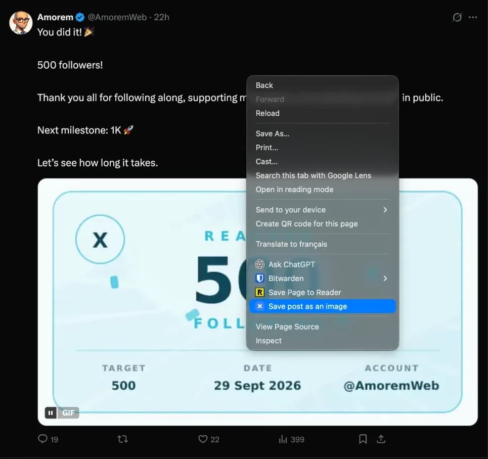 Rechtsklick-Menü auf einem X-Beitrag mit dem von XFeed Pro hinzugefügten Eintrag „Beitrag als Bild speichern“