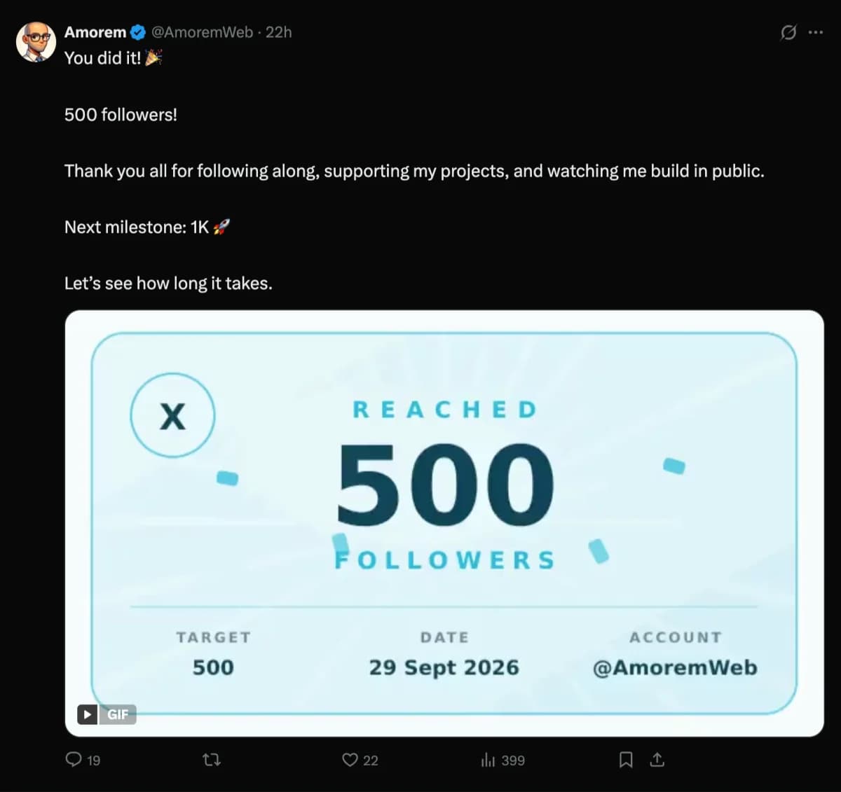 Ein von XFeed Pro als PNG gespeicherter X-Beitrag: Autor, Text, GIF und Zähler, ohne die Antworten